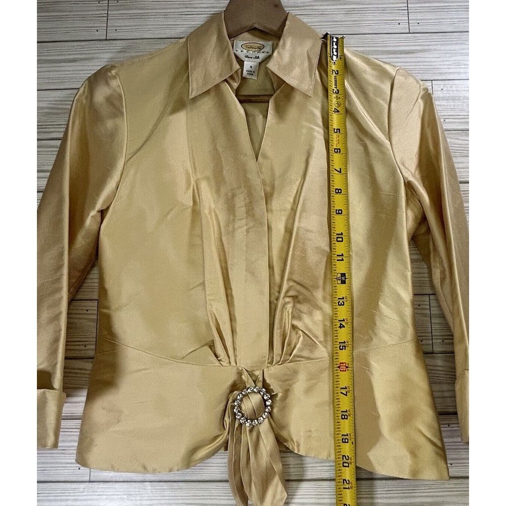 Talbot's Women's Gold Champagne Shantung Silk Blouse Tie Front Sz 4 Side Zip - Picture 9 of 10